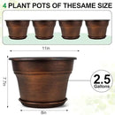 Plant Planters Pots Set of 4 Pack 11 Inch, Plastic Flower Pot for Indoor Plants with Drainage Holes & Trays, Resin Decorative Container Sets with Saucer for House Outdoor Garden Planters Copper by CozyNest Decor