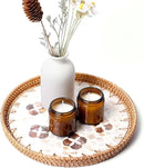 Round Rattan Tray with Mother of Pearl Inlay & Wooden Base - Decorative Wicker Serving Tray for Coffee/Bread/Fruits, Food Storage & Display - Multipurpose Home Decor (M,Four-Petal Flower) by CozyNest Decor