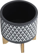 Sagebook Home 9" H 8" Diameter Dark Gray and Ivory Aztec Design Ceramic Planter with Solid Rubberwood Stand for Living Room, Bedroom, or Office by GreenHaven Gardens