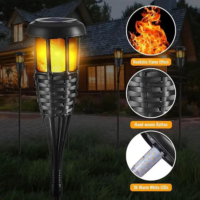 Solar Torch Light with Flickering Flame, 4 Pack Waterproof Bamboo Torches Hand-Woven Rattan Solar Tiki Torches for Outside Patio Yard Garden Lawn (Black-4 Pack), photo 3 of 7