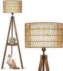 Boho Tripod Floor Lamps for Living Room, Rattan Wood Floor Lamp with Fabric Shades, Mid Century Standing Lamp with Shelf, Foot Switch, Modern Farmhouse Tall Lamps for Bedroom Office Brown by CozyNest Decor