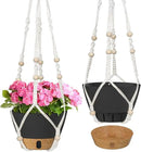 ZMTECH 2 Pack 10 Inch Hanging Planters with Macrame Plant Hanger for Indoor and Outdoor Plants, Self Watering, Drainage Hole, Visible Level Tray, Gray by CozyNest Decor