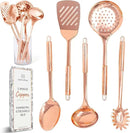 Copper Cooking Utensils Set – 5-Piece Rose Gold Stainless Steel Kitchen Tools for Cooking and Serving Includes Ladle, Spoon, Pasta Fork, Spatula, and Skimmer – Stylish Copper Kitchen Accessories