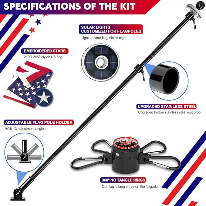 ZMTECH 6FT Flag Pole Kit with Solar Light and Proud American Flag, Adjustable Bracket and Upgraded Tangle-Free Ring 1" Stainless Steel Flagpole for Day and Night, Residential, Commercial, Black, photo 2 of 7