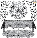 Hommtina 4 Pack Halloween Decorations Tablecloth Runner Black Lace Round Spider Cobweb Table Cover Fireplace Mantel Scarf Spiderweb with 60 Pcs 3D PVC Scary Black Bat Sticker Halloween Party Supplies by CozyNest Decor