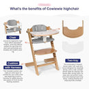 Cowiewie 3-in-1 Convertible Natural Wooden High Chair for Babies & Toddlers 3-Tier Remove & 2 Adjustable Wood Tray & 8 Levels Adjustable, 2 Waterproof Cozy Cushions Grey by TinyTreasures Baby Boutique