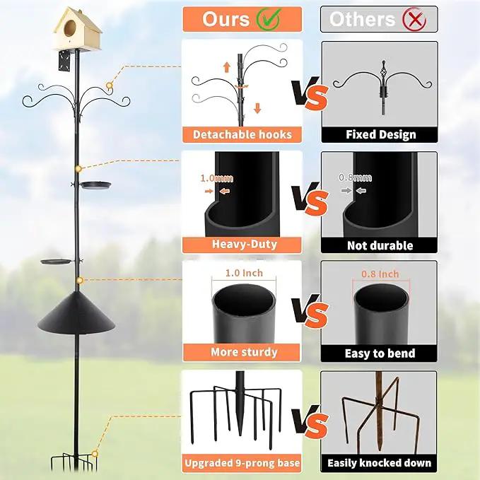 eWonLife 92 Inch Bird Feeder Pole with Squirrel Baffle & Upgraded 9-Prong Base, Adjustable Bird House Pole for Outdoors Heavy Duty, Bird Feeder Stand Post Station with 4 Shepherd Hooks, Birdbath, Tray, photo 3 of 7