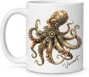 Personalized Unique Name Ceramic Mug 11oz, Customized Steampunk Octopus Mug With Mechanical Themed, Gear-Filled Octopus White Coffee Mug, Gift For Friends, Coworkers, Kids Mug by CozyNest Decor