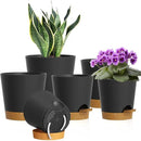 7/6.5/6/5.5/5/4 inch Self Watering Pots for Indoor Outdoor Plants, 6 Pack Plastic Flower Planters with Drainage Holes and Removable Saucers, Plant Pots with Wicking Rope, Black Brown by GreenHaven Gardens