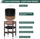 D'vine Dev Ceramic Planter with Walnut Color Stand - 10 Inch Modern Round Flower Pot with Wood Planter Holder, Black/Speckled Tan, 55-B-X-7 by CozyNest Decor