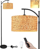 Floor Lamp for Living Room Bedroom Farmhouse Arc Rattan Boho Standing Lamp with Remote Dimmable Black Wicker Bamboo Lamp Shade Floor Light Adjustable Tall Lamp Industrial Floor Lamps Bohemian by CozyNest Decor