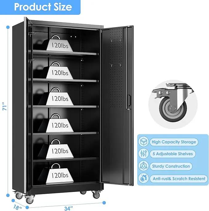 71" H×34" W×18" D Metal Garage Storage Cabinet with Wheels & Pegboard, Lockable Metal Storage Cabinets with 2 Doors&5 Adjustable Shelves for Garage&Home,Assembly Required,Black, photo 3 of 8