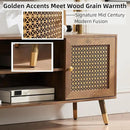 JYED Mid Century Modern TV Stand and Console for TVs Up to 75 inch - Rustic Oak Entertainment Center, 2 Gold Metal Mesh Doors & MDF Wood Grain, 15.8" D x 66" W x 23.5" H by CozyNest Decor