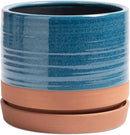 8 Inch Pots for Plants, Ceramic Planter Pot with Drainage Hole & Saucer, Indoor/Outdoor Cylinder Round Planter Pot, Blue & Terracotta by CozyNest Decor