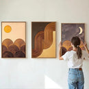 Tinonedraw Boho Mountain Framed Canvas Wall Art Set, Mid Century Modern Geometric Line Wall Decor, Bohemian Sun and Moon Art Paintings, Beige Brown Wooden Artwork for Living Room Bedroom Office 16"x24"x3 by CozyNest Decor