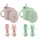 PandaEar 2 Pack Silicone Baby Straw & Snack Cup with 2 Spoons 2 Forks, Dual-Purpose Toddler Training Cups, Pink Green by TinyTreasures Baby Boutique