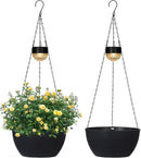 2 Packs Hanging Planters Basket for Outdoor Plants, Solar Powered Self Watering Black Round Plastic Flower Pots with Drainer for Balcony Patio Garden Outdoor Decoration by CozyNest Decor
