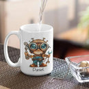 Personalized Tech Enthusiast Coffee Cup 11oz 15oz, Customized Steampunk Character Design Ceramic Mug, Unique Custom Name Mug Gift For Engineer, Kid Cup, Cute Mechanic White Cup by CozyNest Decor