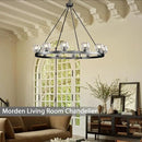Black Wagon Wheel Chandelier, 48 Inch Black Chandeliers with Unique Glass Shade, 12-Light Crystal Large Wagon Wheel Chandeliers for Dining Room, High Ceiling Round Chandelier for Living Room, Foyer by CozyNest Decor