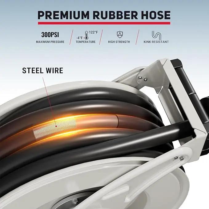 Retractable Fuel Hose Reel, 3/4 in × 66 ft Rubber Hose Heavy Duty Steel Professional Spring Driven Diesel Hose Reel with Fueling Nozzle Max 300PSI Auto Rewind Quick for Ship Vehicle Tank Truck, photo 3 of 7