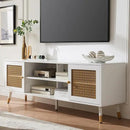 JYED Mid Century Modern TV Stand and Console for TVs Up to 75" - White Entertainment Center, 2 Gold Metal Mesh Doors & MDF Wood Grain, 15.8" D x 66" W x 23.5" H by CozyNest Decor