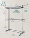 SONGMICS Clothes Drying Rack 3-Tier, Foldable Laundry Drying Rack 58.3-Inch Tall, Stainless Steel, Rolling Clothes Horses, Clothes Airer, Indoor Outdoor Use, Dove Gray ULLR702G01 by TinyTreasures Baby Boutique