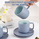 Large Cappuccino Cups with Saucers Set of 4, 8 Ounce Stackable Embossed Ceramic Coffee Mugs for Specialty Coffee Drinks, Latte, Cafe Mocha and Tea, Dishwasher & Microwave Safe (Blue) by CozyNest Decor