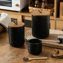 Black White Ceramic Coffee Canister Tea Canister with Seal Wood Lid, Airtight Coffee Storage Container for Coffee Bean, Ground Coffee, Sugar, Cookie Candy jar (Black three piece) by CozyNest Decor