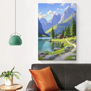 Landscape wall painting of mountain forest lakeside cabin under blue sky and white clouds natural oil painting poster suitable for living room bedroom office by CozyNest Decor