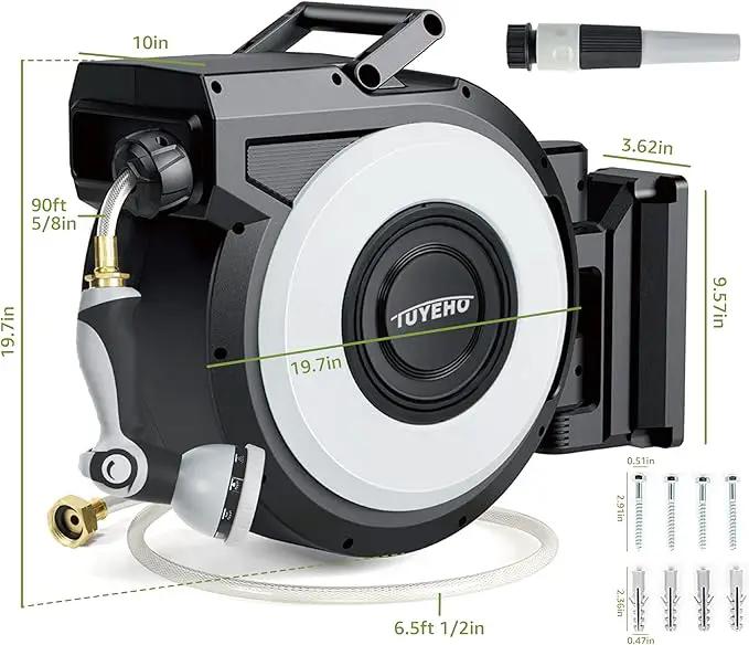 Tuyeho Retractable Garden Hose Reel 5/8" x 90 ft, Wall Mount Water Hose Reels with Automatic Slow Rewind System, Outdoor Hoses Reel with 2 Hose Nozzles for Garden Watering, Car Wash, Pet Shower, photo 6 of 9