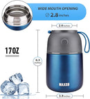 Insulated Thermo Food Jar for Hot & Cold Food for Kids Adult, 17 oz Soup Thermal Hot Food Containers for Lunch, Triple Layer Insulation Stainless Steel Food Jar with Spoon(Blue) by TinyTreasures Baby Boutique