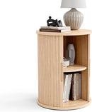 LINSY HOME Round Fluted End Table, Tall Side Table with Sliding Tambour Door and Storage Shelf, Modern Bedside Table, Mid-Century Nightstand for Living Room, Bedroom, Oak by CozyNest Decor