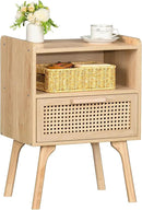 Lerliuo Rattan Nightstand, Boho Side Table with Drawer Open Shelf, Cane Accent Bedside End Table with Solid Wood Legs for Bedroom, Dorm and Small Spaces (Natural) by CozyNest Decor