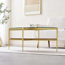 Oval Glass Coffee Table, Mid-Century Modern Design, L43 x W22 x H17 inch, 2-Tier Structure, Olive Shaped Clear Glass Top and Walnut Finish Wood Shelf, Tapered Legs with Gold Finish Frame by CozyNest Decor