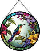 Hummingbirds and Flowers Pattern Hanging Stained Glass Suncatcher,Stained Glass Suncatchers for Windows,20cm/7.87inch Hand-Painted Sun Catcher Garden Painted Glass Panel Decor Themed Gift by GreenHaven Gardens