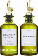 Green Glass Olive Oil Dispenser Bottle For Kitchen By Verpsace,Avocado Oil Dispenser Set, Modern Decor, Gold Kitchen Accessories for Home, Airbnb, Cafe (Gold, Set of 2) by CozyNest Decor