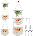 Hanging Baskets for Organizing, 3 Tier Detachable Wall Hanging Fruit Basket Over the Door Organizer for Fruit Vegetable Plant, Beige Boho Cotton Crocheted Fruit Holder for Kitchen Bathroom Bedroom by CozyNest Decor