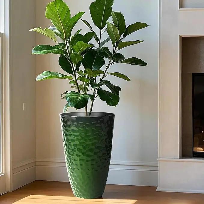 Worth Garden 14" Dia x 24" H Large Plastic Planters with Drainage Hole, Set of 2 Hammered Texture Green Glossy Smooth Finish, Tall Round Decorative Flower Plant Pot for Indoor Outdoor, Front Porch, photo 5 of 7