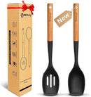 Large Silicone Cooking Spoon Set, 2 Pack Solid Slotted Spoon with Wooden Handle, Nonstick Silicone Kitchen Spoons for Cooking, Heat Resistan Spatula Set for Serving, Basting, Mixing (Black) by CozyNest Decor