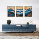 Blue Woodcut Mountain Framed Canvas Wall Art Set, Boho Abstract Ridge Wall Decor, Pine Tree Landscape Wall Painting, Sunrise Forest Art Print for Living Room, Bedroom, Office - 16"X24"X3 by CozyNest Decor