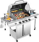 R.W.FLAME 4-Burner Gas Grill with Side Burner, Stainless Steel Propane Grill 42000BTU for Outdoor Cooking, with Porcelain-Enameled Cast Iron Grates, Baking Pan, Silver by GreenHaven Gardens