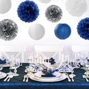 Navy-Blue Silver Party-Decorations Paper-Flowers Lanterns - 15PCS Birthday Royal White Wedding Tissue Pom Poms Streamers,Baby Bridal Shower Bachelorette Graduation Hanging Supplies Decor Hugfond by CozyNest Decor