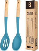Silicone Cooking Spoons, Great for Scooping Sides and Serving Hearty Stews, BPA-Free Matte Silicone, Wooden Handle Serving Spoon for Nonstick Cooking Surfaces (Blue) by CozyNest Decor