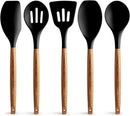 Zulay Kitchen Non-Stick Cooking Utensils Set with Authentic Acacia Wood Handles – 5-Piece Durable & Stylish Silicone Kitchen Utensils Set – Heat Resistant to 464°F – Black by CozyNest Decor