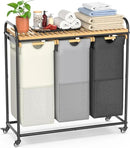 Laundry Hampers 3 Section, Laundry Sorter with Removable Shelf and Pull-Out Bags, Clothes Hampers with Wheels Rolling Cart Basket for Laundry Room Bathroom, 3 x 40 L (Black White Gray) by CozyNest Decor