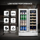 Tylza Wine and Beverage Refrigerator 24 Inch Dual Zone, French Door Wine and Beverage Cooler 24'' Built-In or Freestanding Drink Fridge, Under Counter Beer Refrigerator by CozyNest Decor