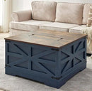 Blue Coffee Table with Storage, Cocktail Table with Hinged Lift Top, Farmhouse Square Wood Center Table with Large Hidden Storage Compartment for Living Room, Square Coffee Table, Metal Edges Decor by CozyNest Decor