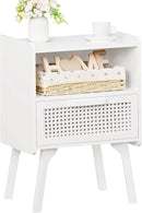 Lerliuo Rattan Nightstand, Side Table with Drawer Open Shelf, Cane Accent Bedside End Table with Solid Wood Legs, Mid Century Modern Night Stand for Bedroom, Dorm and Small Spaces (White) by CozyNest Decor