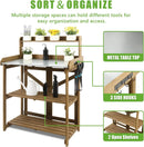 Folding Garden Potting Bench Table，Outdoor Wooden Work Station W/Metal Table Top,2 Tier Open Storage Rack,Top Shelf-Natural Stained by GreenHaven Gardens