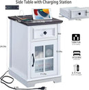 Farmhouse XXL End Table with Charging Station, Side Table with USB Ports and Outlets, Nightstand with Drawer and Glass Door Storage, White Bedside Tables for Living Room, Bedroom, Office by CozyNest Decor